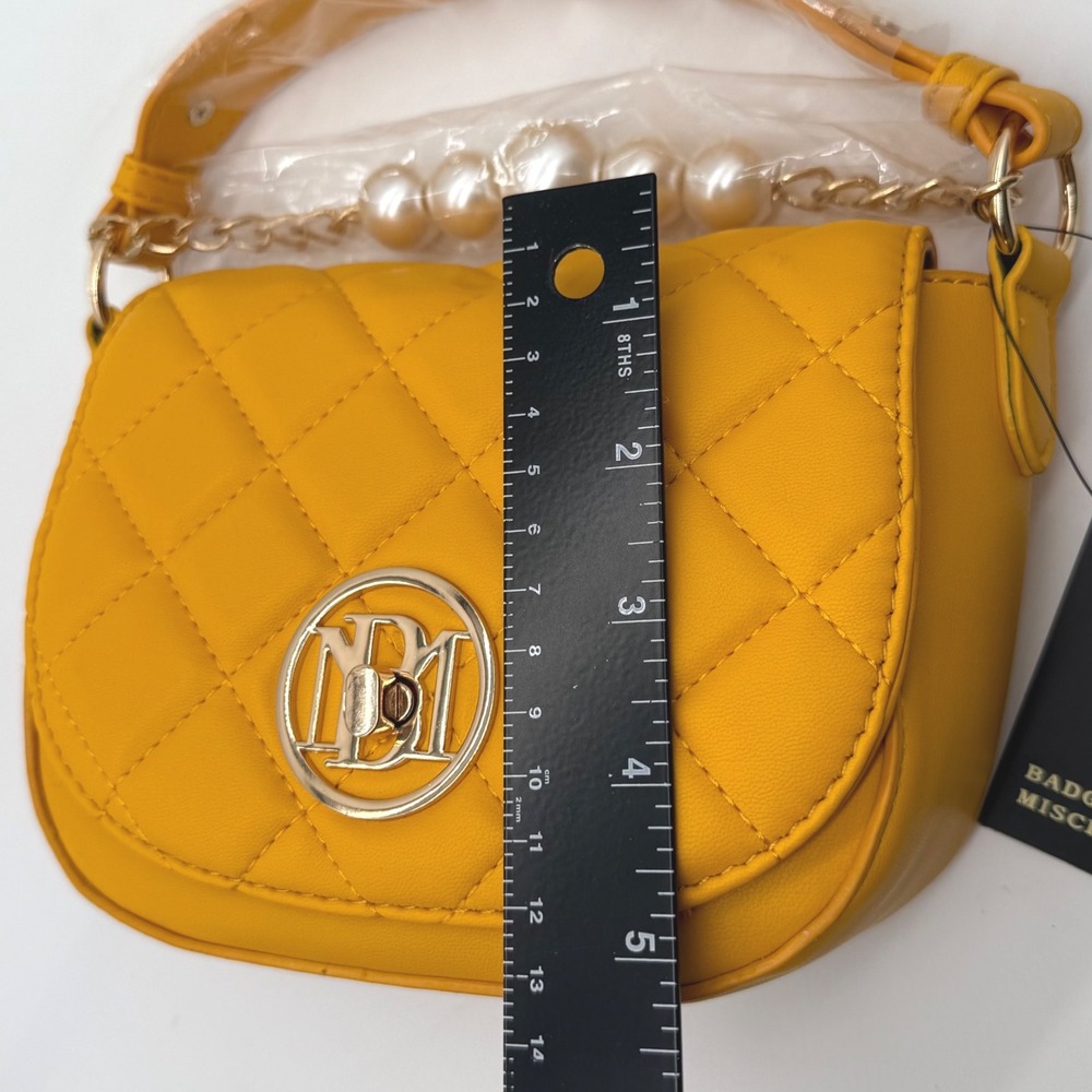 Badgley Mischka Yellow Quilted Vegan Leather Chloe Pearl Shoulder Bag $129 - Picture 7 of 12